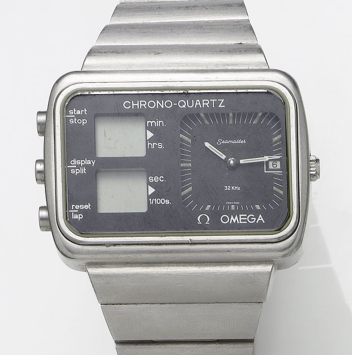 Omega. A stainless steel L.C.D/Analogue quartz bracelet watchSeamaster, Chronoquartz, 1976