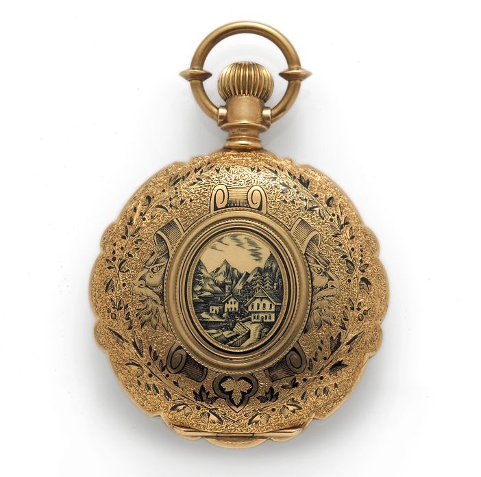 Agassiz. An enamel and eighteen karat gold hunting cased pocket watch