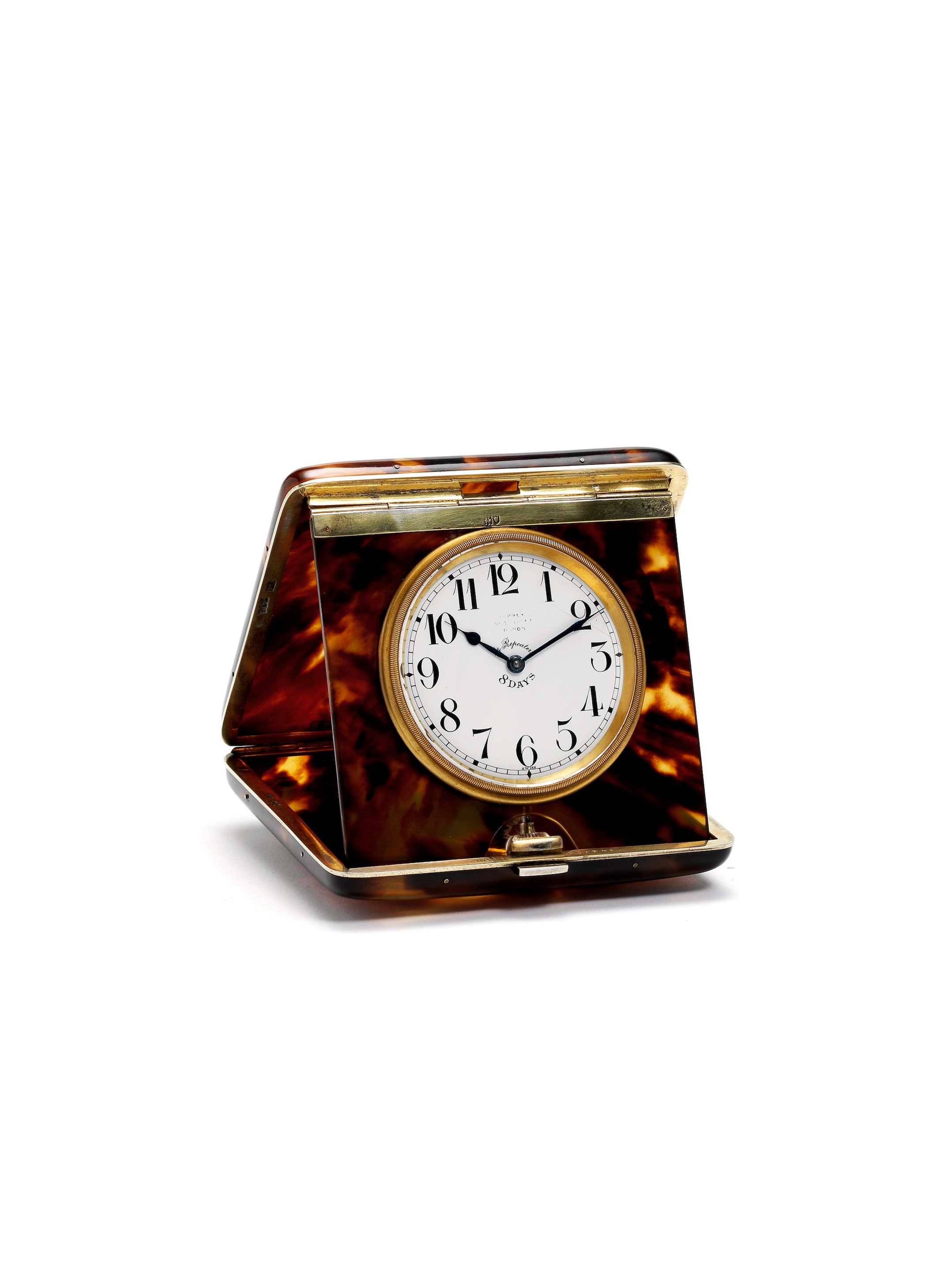 An early 20th century silver gilt and tortoiseshell quarter repeating desk timepiece Retailed by Asprey, London hallmark 1918