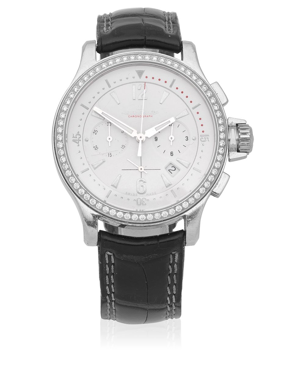 Jaeger-LeCoultre. A stainless steel diamond set quartz calendar chronograph wristwatch Master Compressor 1000 hours, Ref: 148.8.31, Sold 8th July 2006