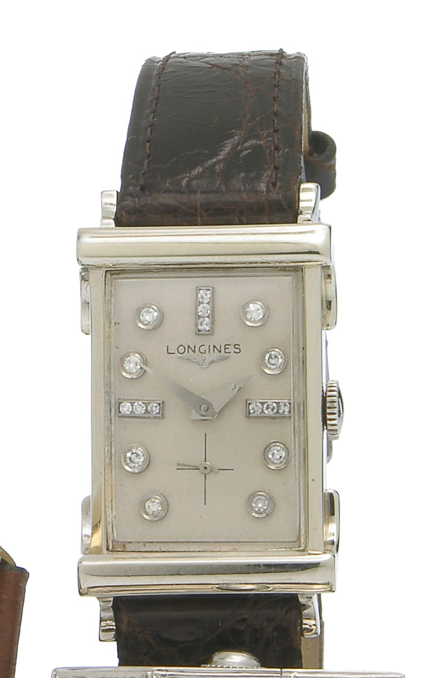 Longines. A 14k white gold rectangular wristwatch with diamond set hour markersNo.9061564, 1940s