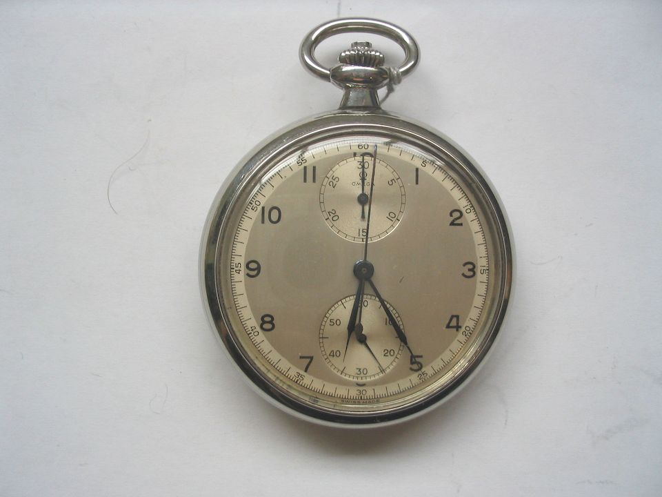 Omega. A stainless steel open faced chronograph pocket watch 1930's