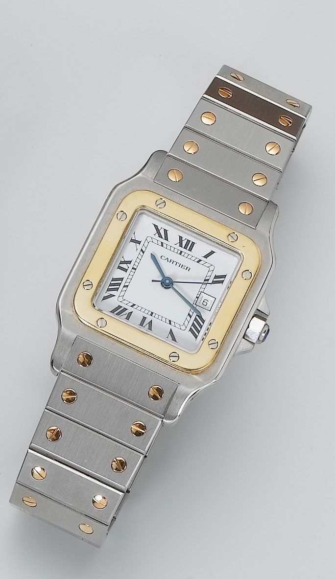 Cartier. A stainless steel and gold calendar wristwatch Santos, recent