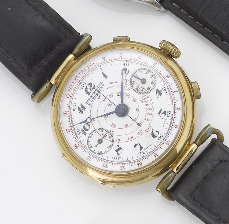 Ewenghard. A gold plated enamel dial chronograph wristwatch1920's