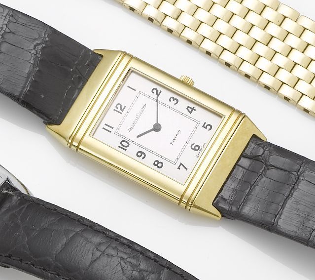 Jaeger LeCoultre. An 18ct gold reversible wristwatch together with fitted boxReverso, Sold June 12th 1986