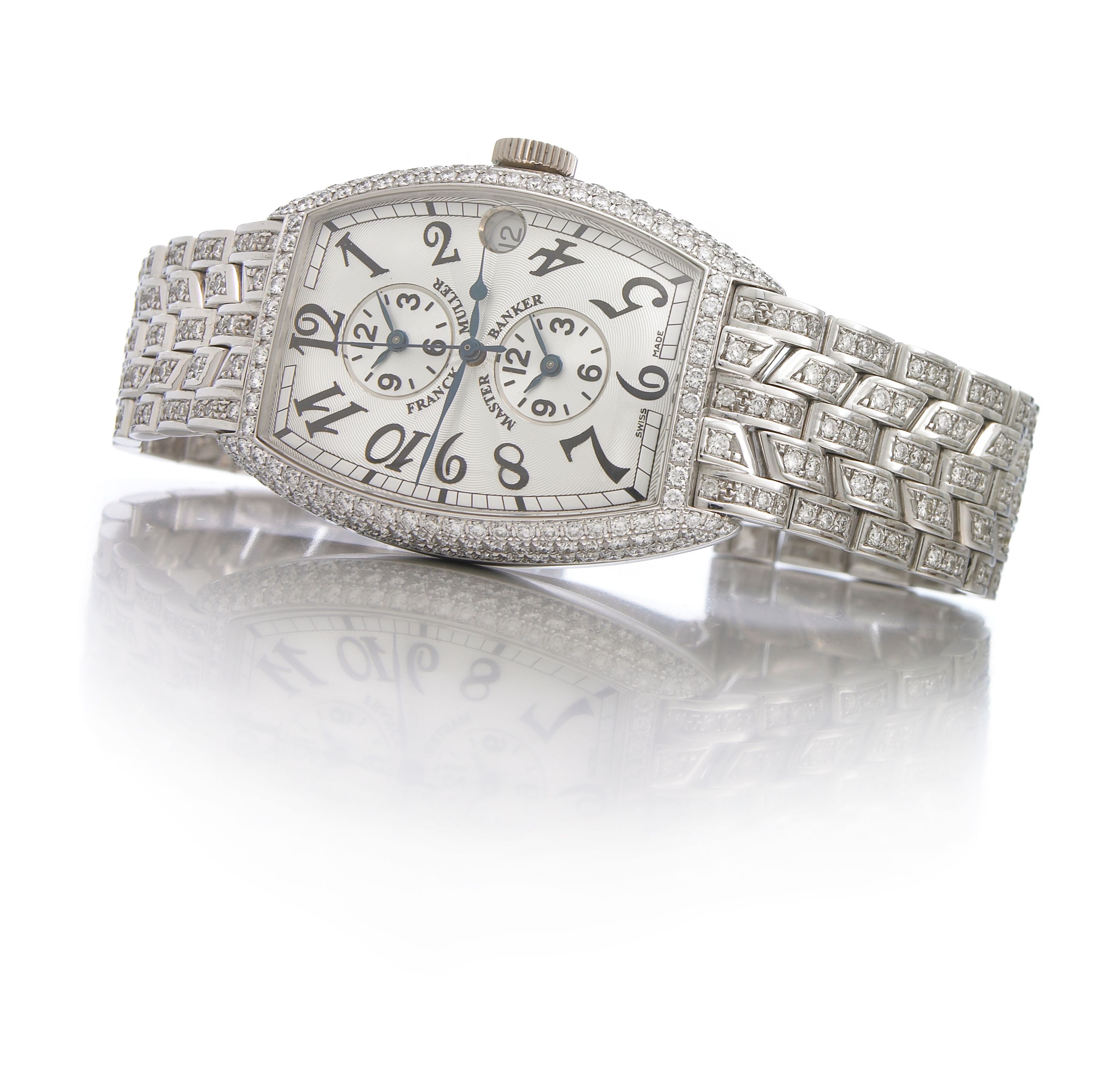Franck Muller. A fine and rare 18k white gold and diamond set self-winding tonneau shape triple-time zone calendar bracelet watchMaster Banker, Ref.5850MB, No.580, 1990s