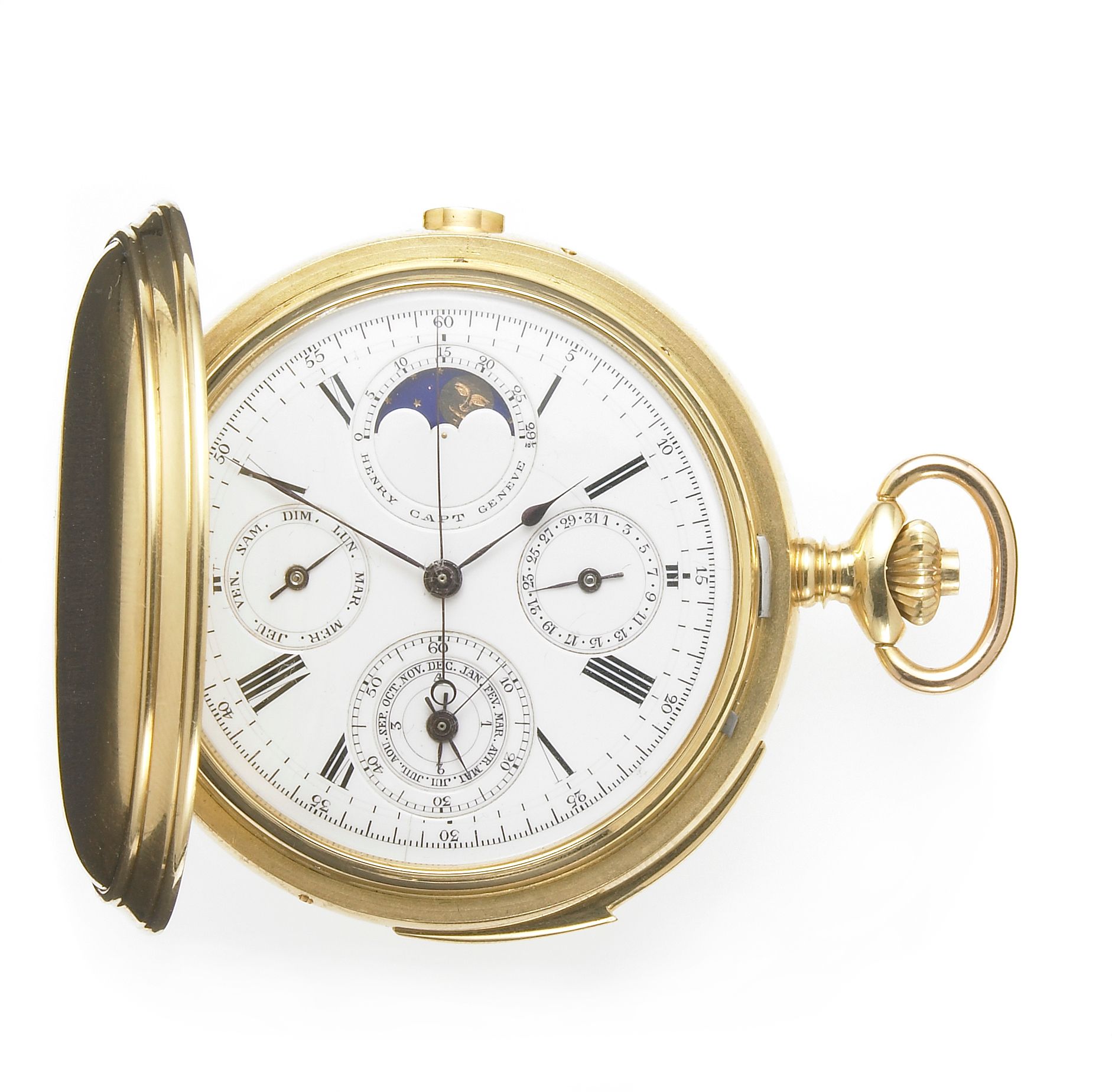 Henry Capt, Geneve. A rare minute repeating perpetual calendar chronograph pocket watch in later 18k gold full hunter case No.35208, Case No.11, movement made circa ...