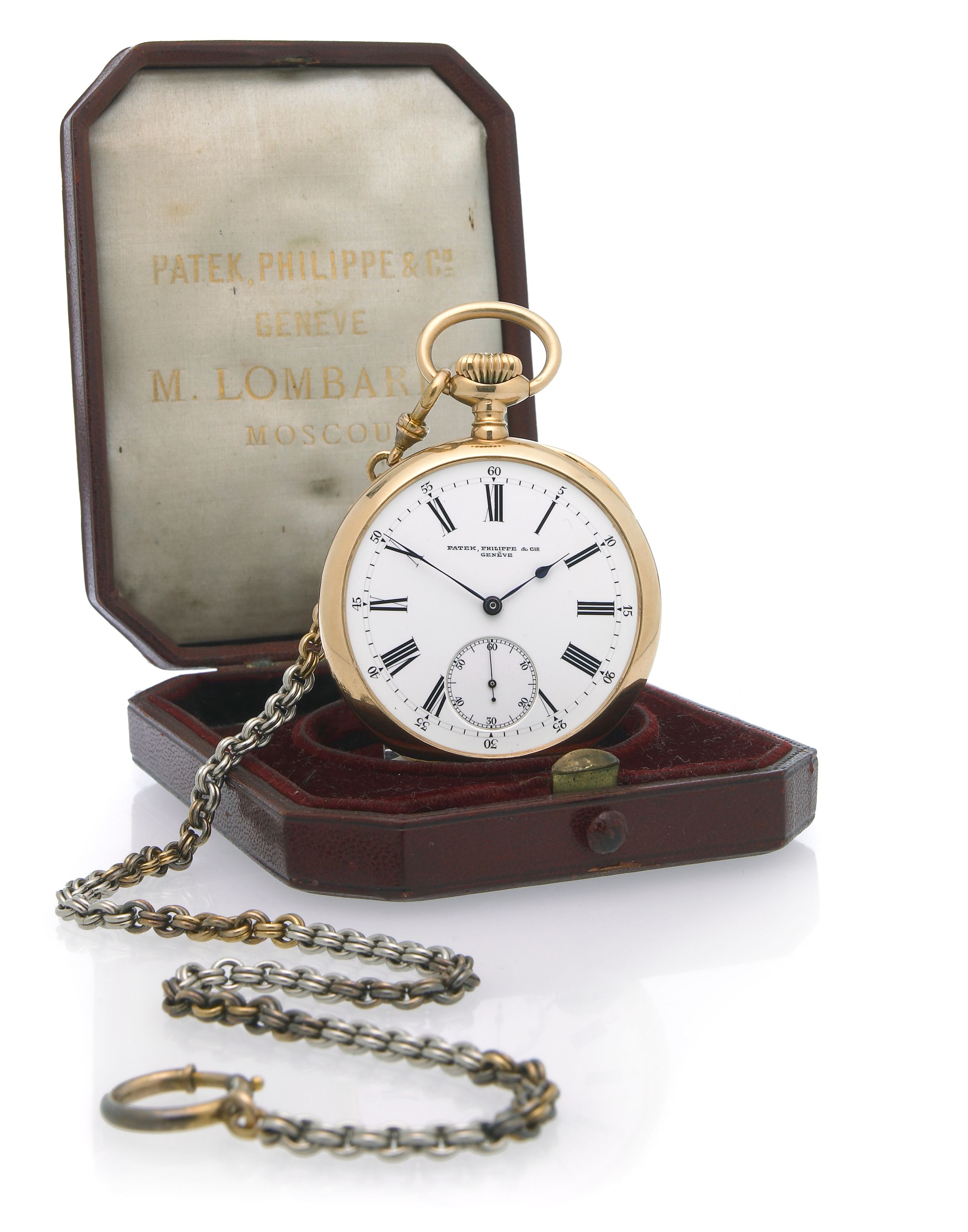 Patek Philippe & Cie. A fine 14k gold open face pocket watch with presentation case made for the Russian market, with 14k gold and platinum ...