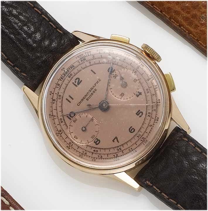Swiss. An 18ct rose gold chronograph wristwatch1940's