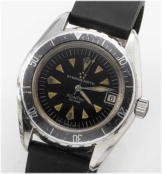 Eterna-Matic. A stainless steel centre seconds calendar military wristwatch Kontiki, M578, 1960's