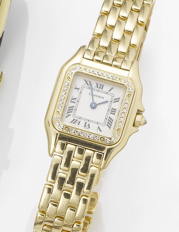 Cartier. A lady's 18ct gold diamond set bracelet watchPanthere, 1990's