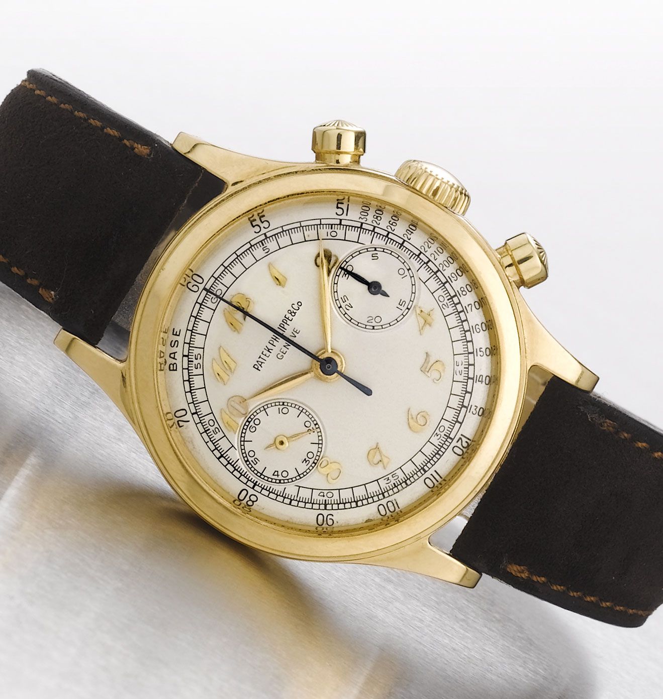 Patek Philippe. A fine and rare 18ct gold water-resistant chronograph wristwatch with Breguet numeralsRef:1463, Case No.672757, Movement No.868291, Made in 1952, Sold November 27th 1952