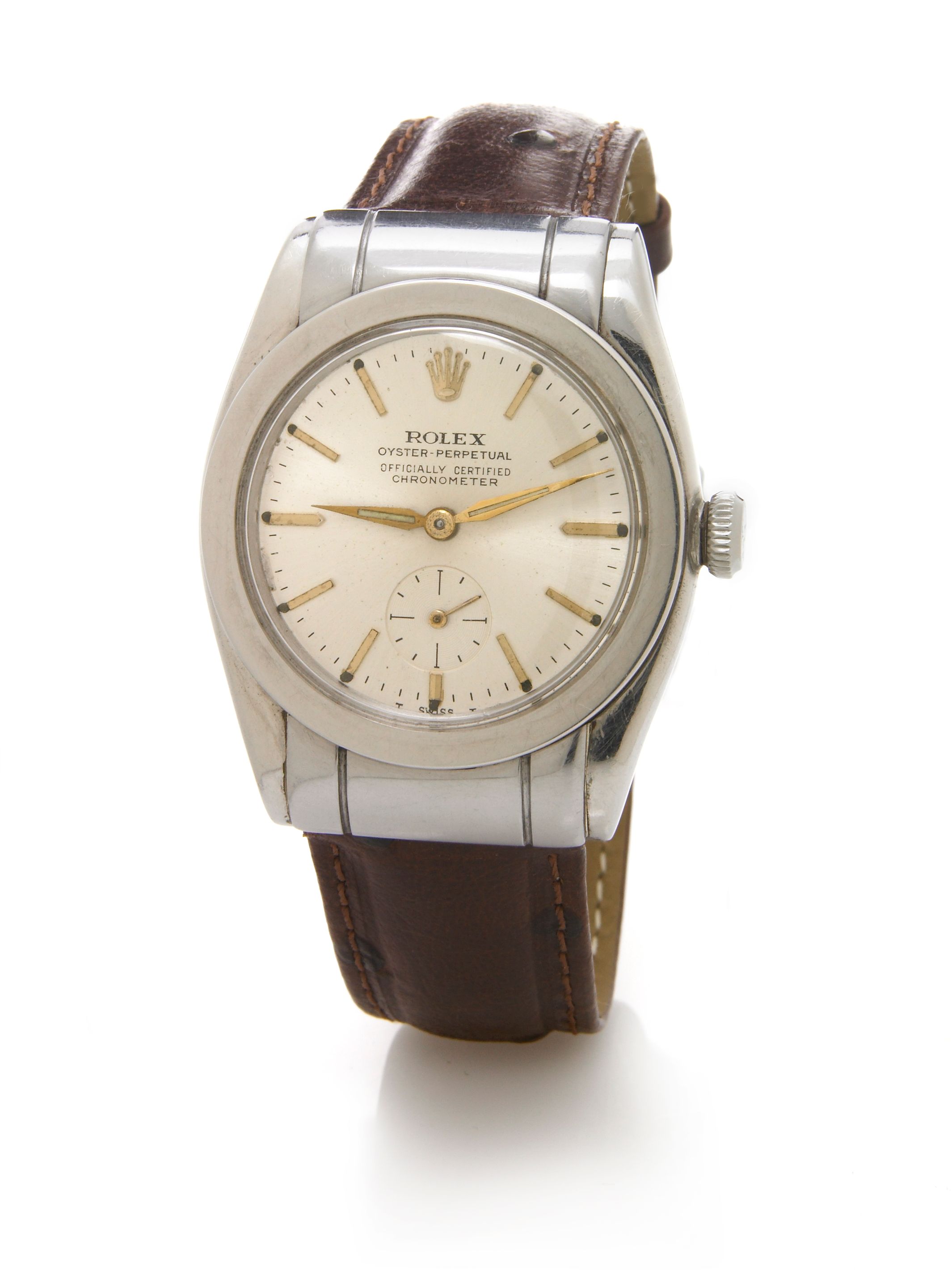 Rolex. A fine and very rare stainless steel self-winding wristwatch with hooded shouldersOyster Perpetual so called "hooded bubbleback" Ref.3599, made circa 1945