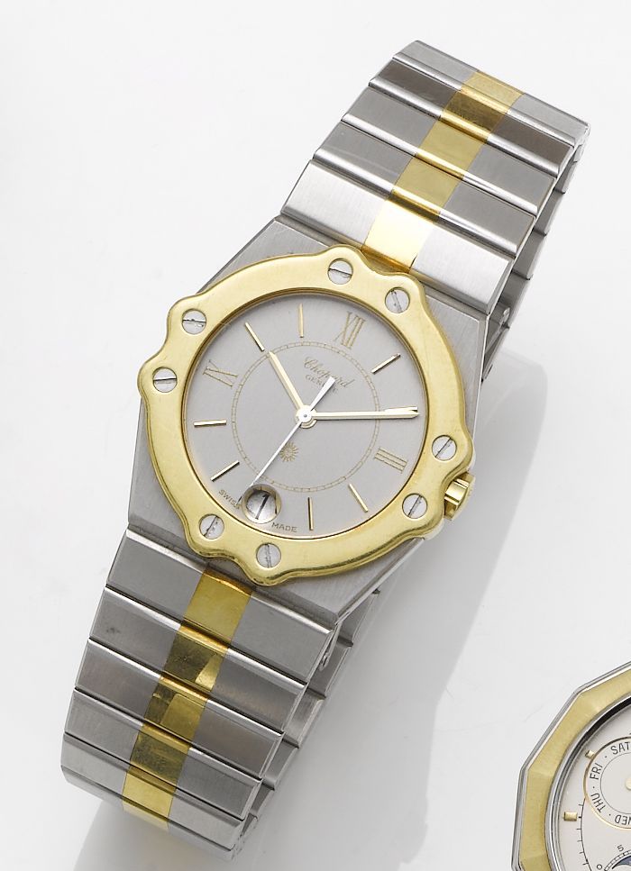 Chopard. A stainless steel and gold centre seconds calendar bracelet watchSt Moritz, 1990's