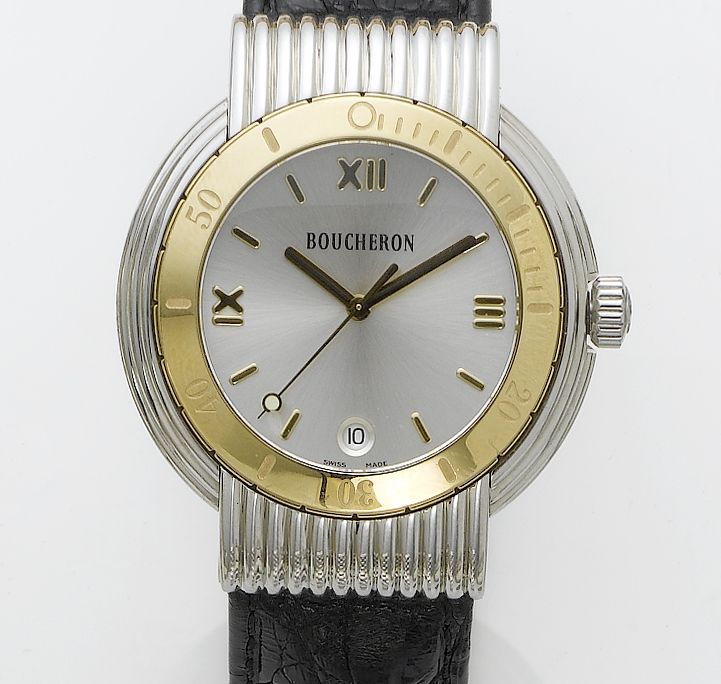 Boucheron. A stainless and gold centre seconds calendar wristwatch Recent