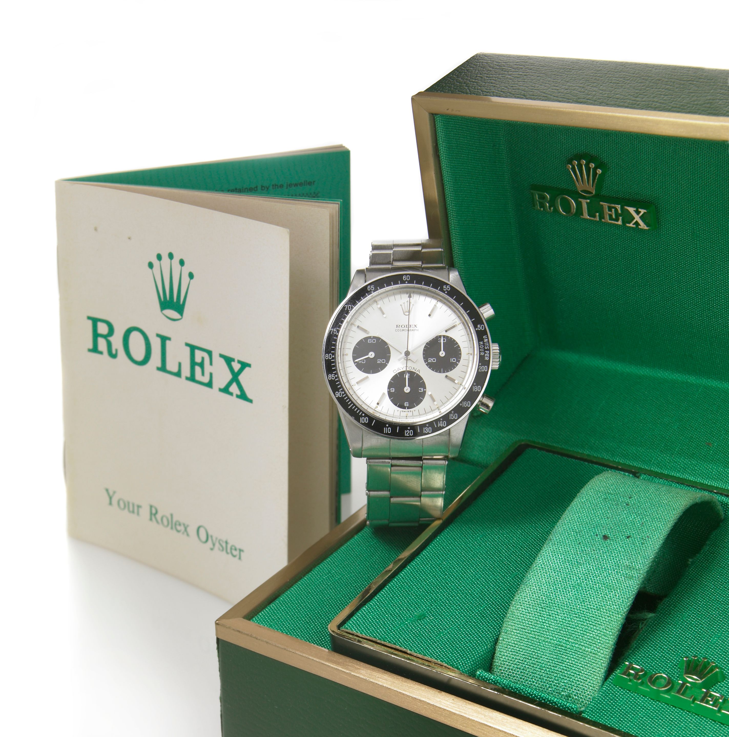 Rolex. A fine stainless steel chronograph bracelet watch with anti-relective bezel, Rolex presentation case case, punch-numbered guarentee within booklet and outer card caseCosmograph Daytona, Ref.6241, ...