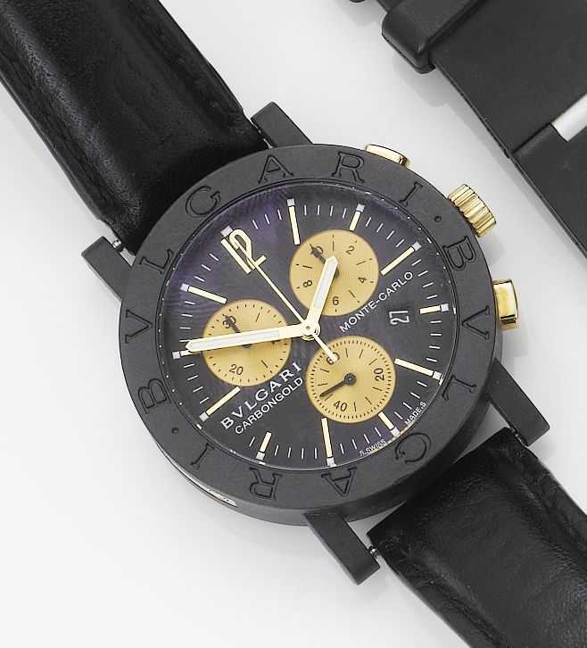 Bulgari. A limited series carbon and 18ct gold chronograph calendar wristwatchCarbongold, Monte-Carlo, No.745/999, Recent