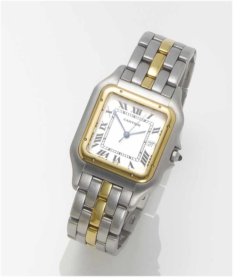 Cartier. A stainless steel and gold centre seconds calendar bracelet watch Panther, 1990's