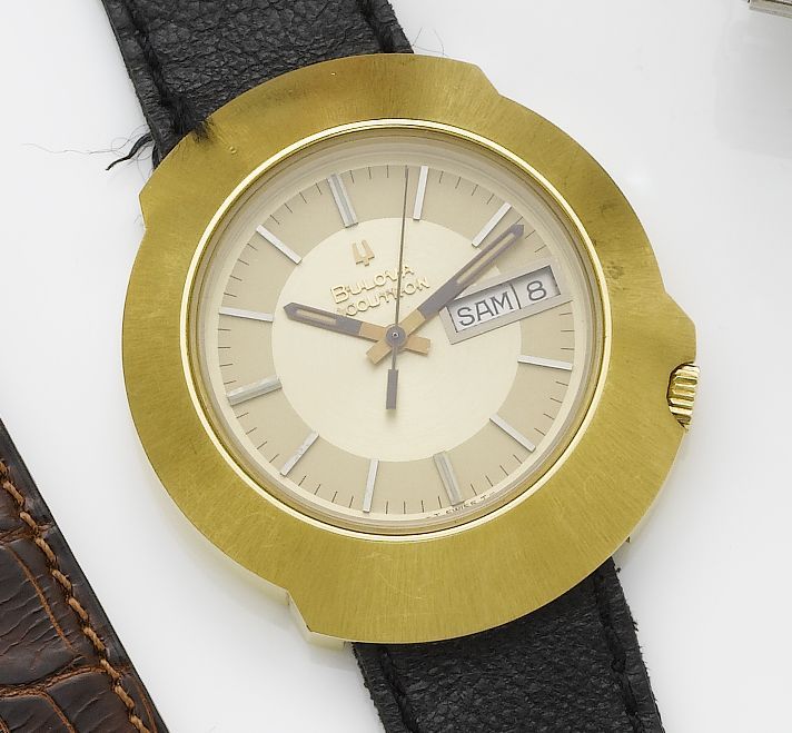 Bulova. A gold plated centre seconds calendar wristwatchAccutron, 1970's