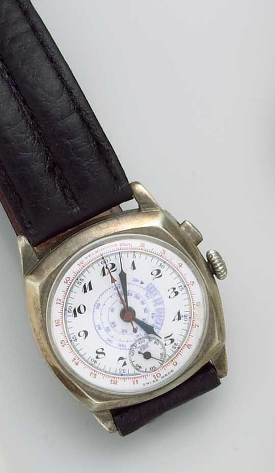Breitling. A nickel single button chronograph watch with enamel dial 1930s