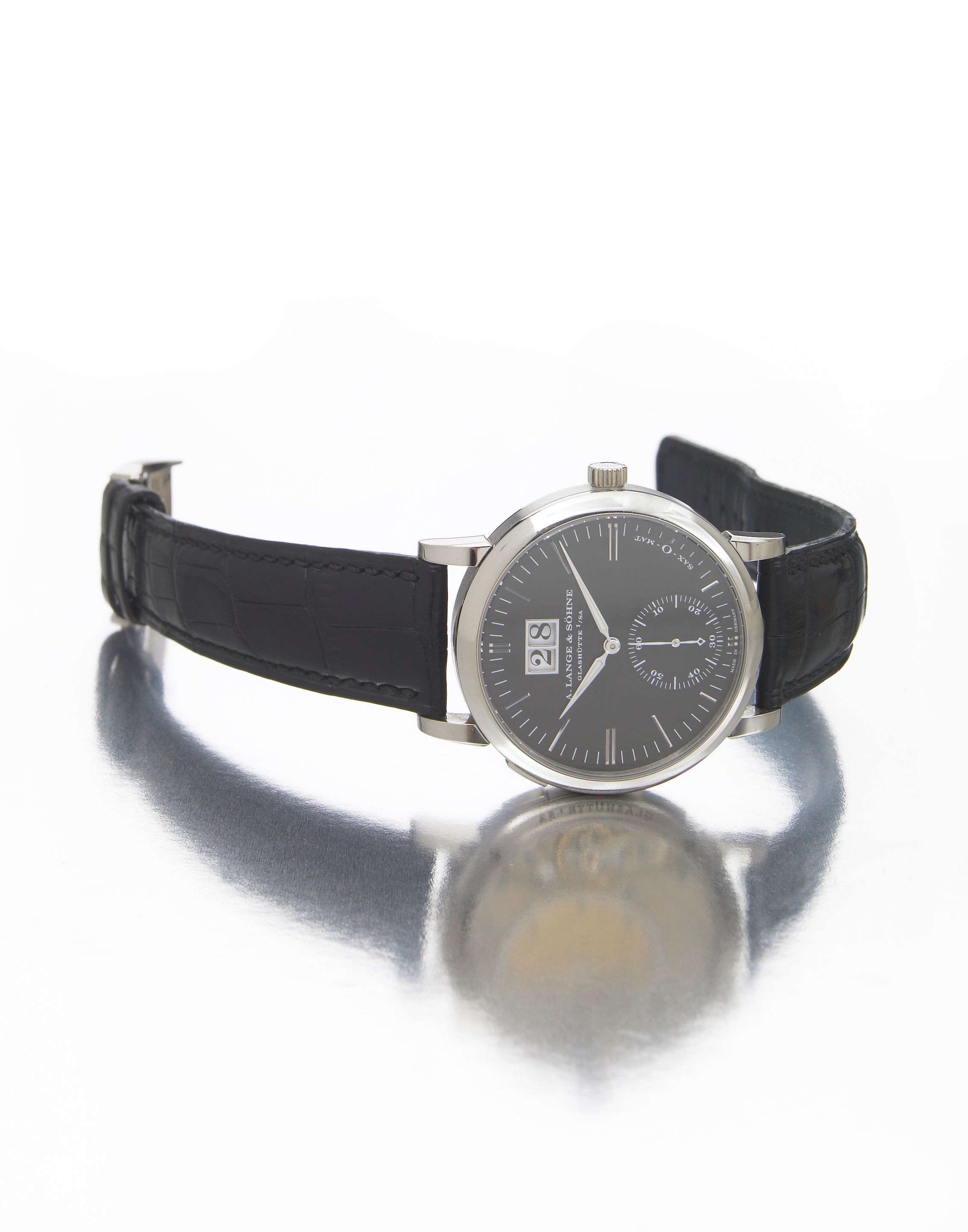 A.Lange & Sohne, Glashutte. A fine 18k white gold self-winding wristwatch with oversize quick-set date and zero reset secondsSax-O-Mat, Case No.121129, Movement No.9695, made circa ...