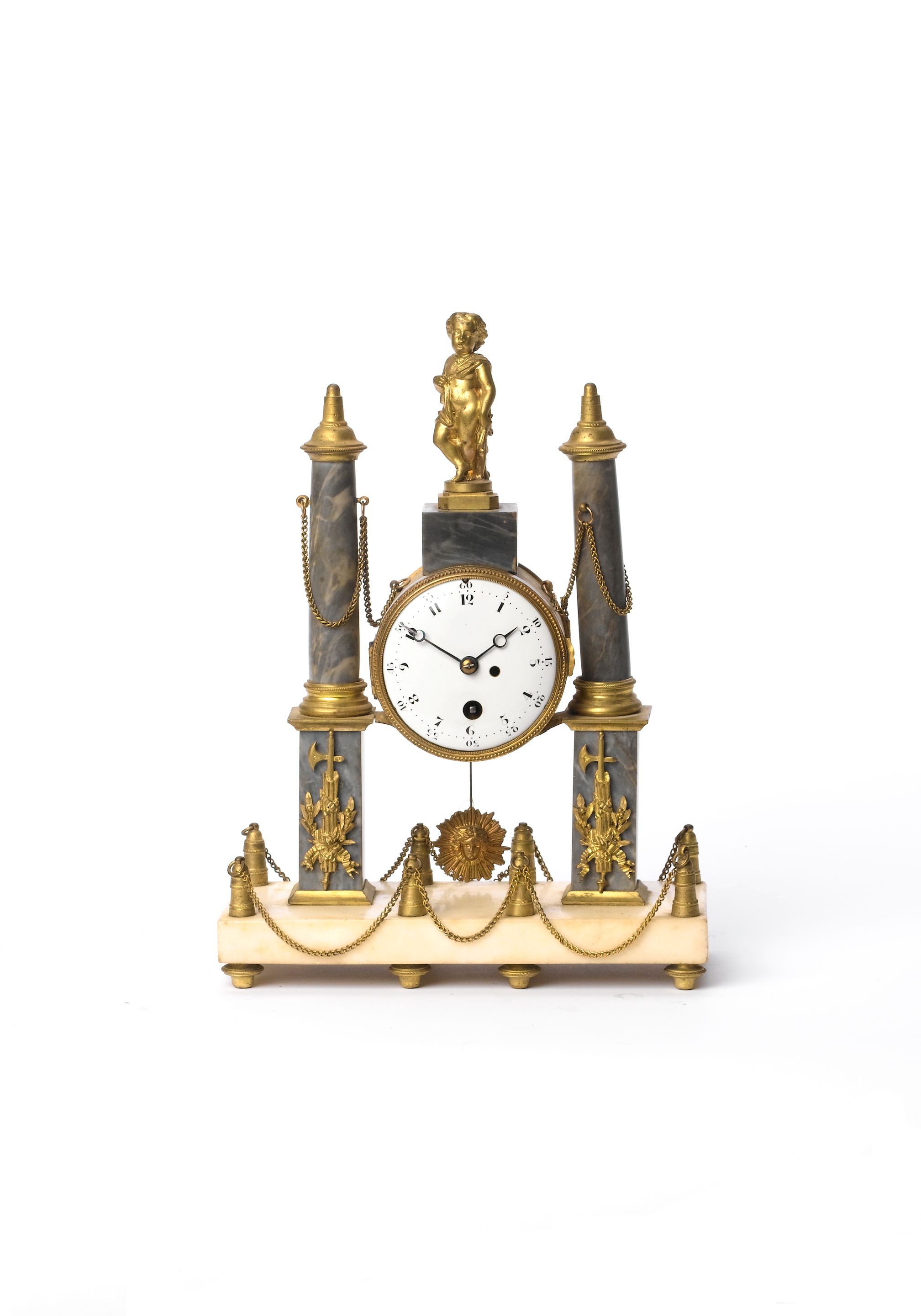 A late 19th century French grey and white marble ormolu mounted pillar timepiece Unsigned