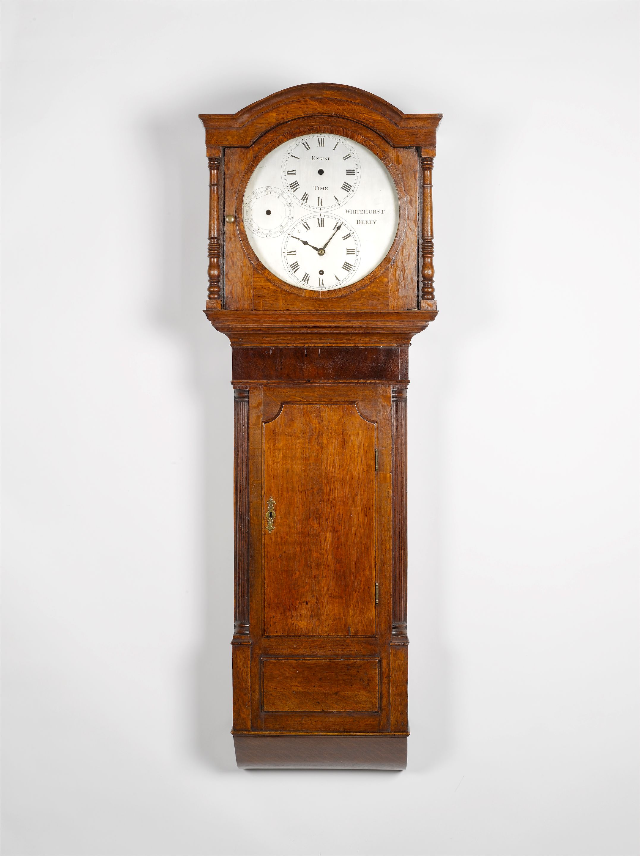 A rare oak cased industrial wall timepiece Whitehurst, Derby, the plate stamped Whitehust & Son