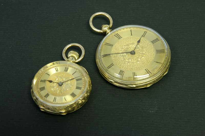 A lot of two 18ct gold open face fob watches late 19th and early 20th century 2