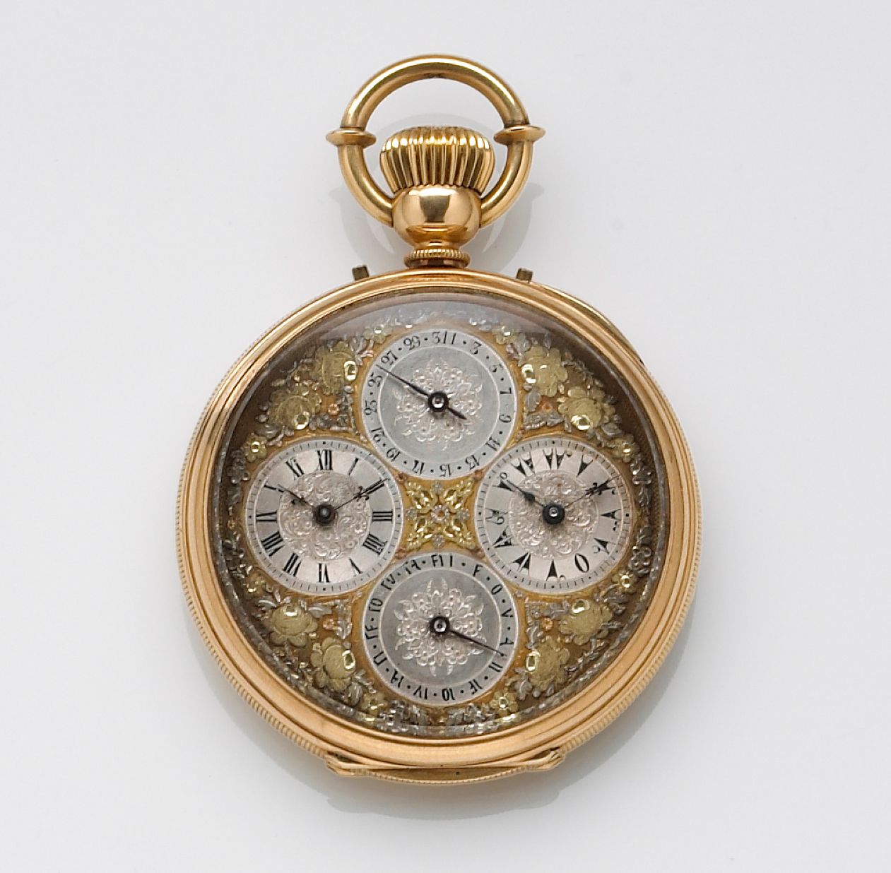 A fine and rare 18k gold and enamel dual time zone pocket watch with double escapement and dual date, made for the Turkish marketAttributable to ...