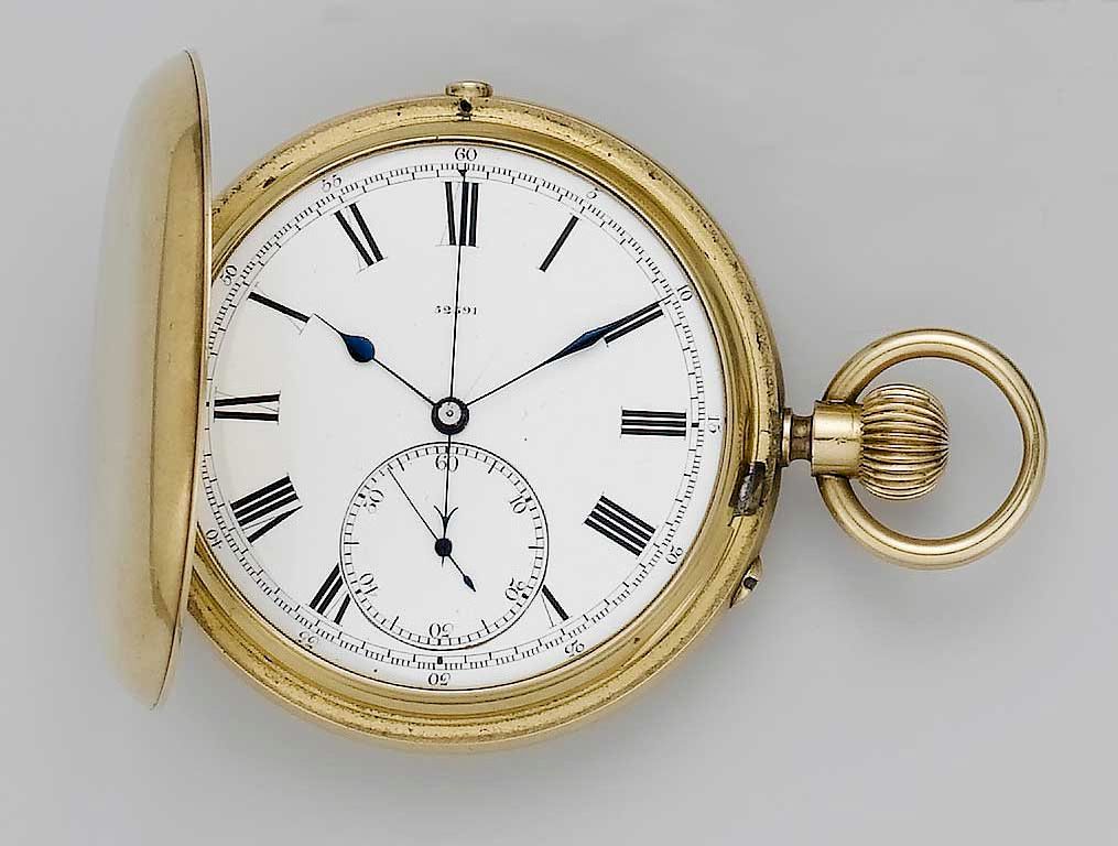 Wm Duff & Co, London. A late 19th century 18ct gold full hunter chronograph pocket watch No.52391