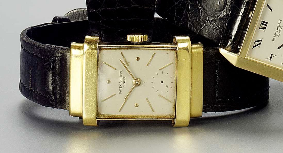 Patek Philippe. An 18ct gold rectangular wristwatch with stepped case Top Hat, Movement No.836185, Case No.634848, 1940s