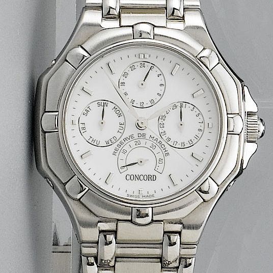 Concord. A gents stainless steel automatic calendar bracelet watch with power reserve Saratoga, Ref.14.03.235, 1995
