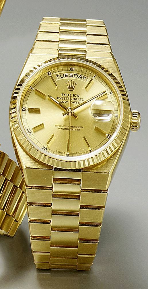 Rolex. An 18ct gold quartz calendar bracelet watchRef: 19018, 1980s