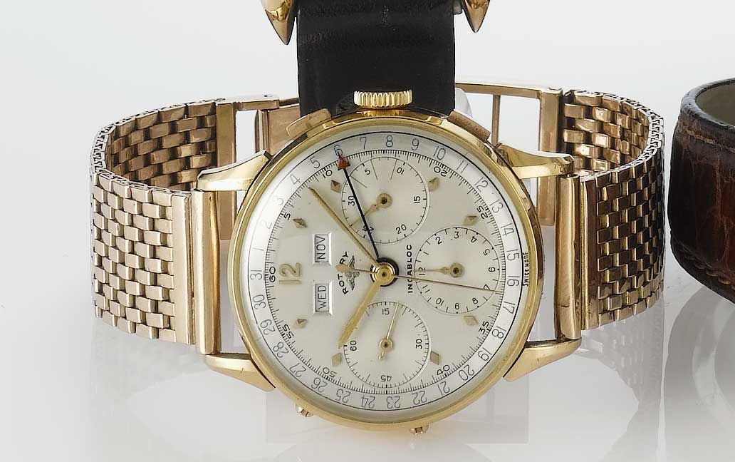Rotary. An 18ct rose gold chronograph bracelet watch 1960s