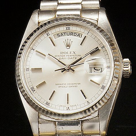 Rolex. A gents 18ct white gold automatic centre second calendar bracelet watch Oyster Perpetual Day-Date, Ref:18039, circa 1982