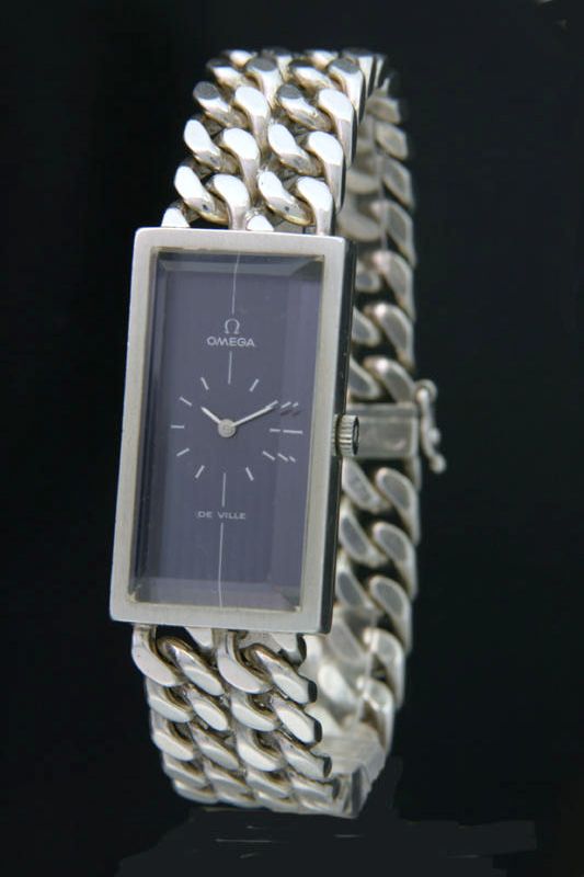 Omega. A silver rectangular chain link bracelet watchDe Ville, hallmarked 1972