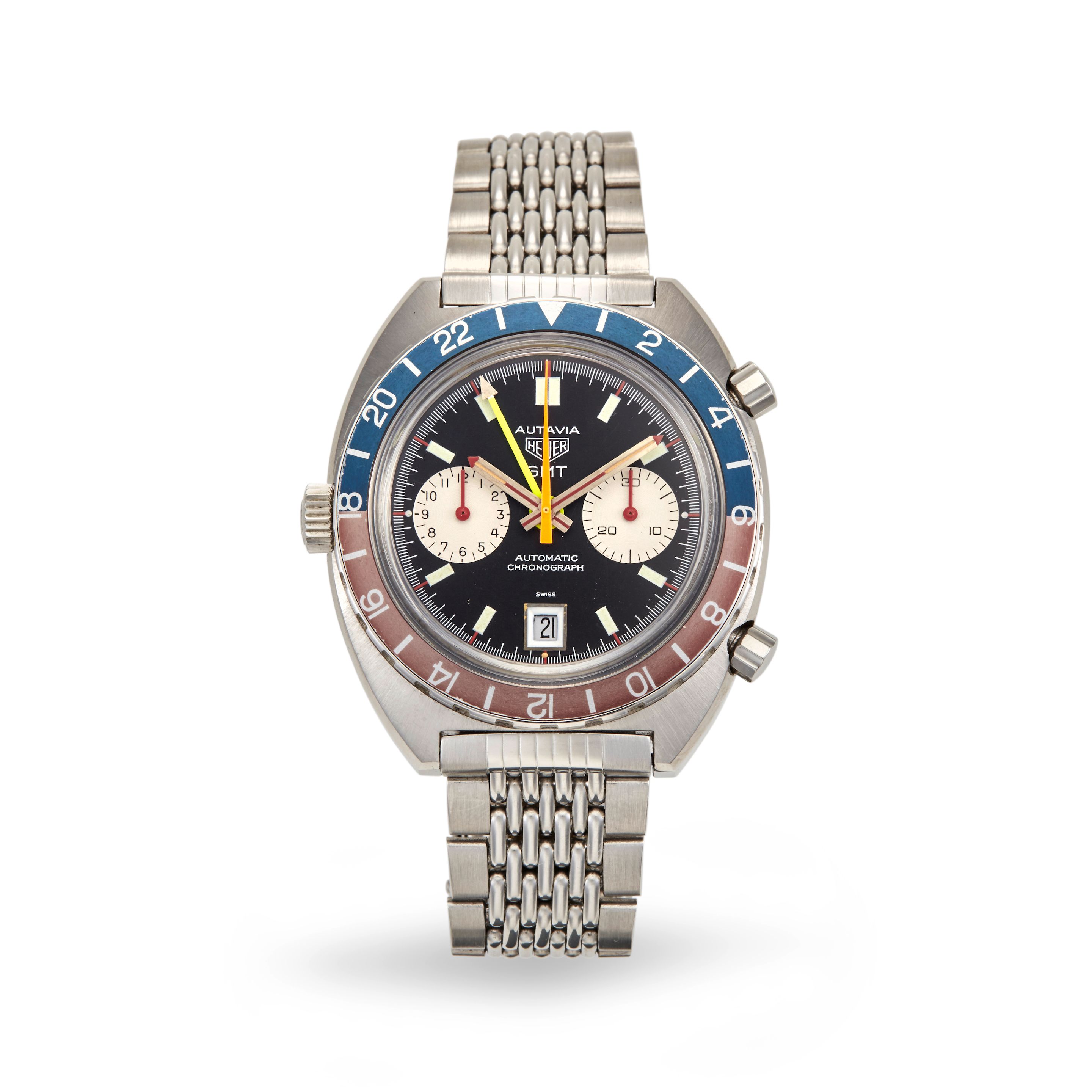 Heuer. A fine stainless steel dual time automatic chronograph wristwatch and bracelet with date and 24-hour bezel GMT, 2nd execution, Ref: 1163, 1970's