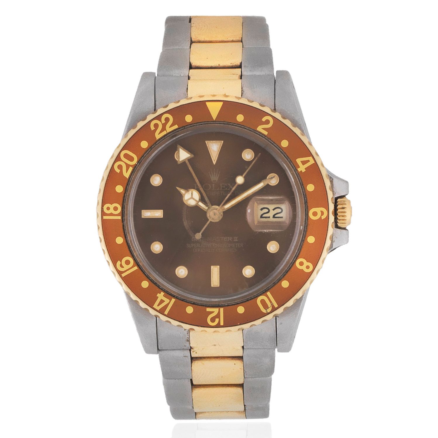 Rolex. A stainless steel and gold automatic calendar bracelet watch with dual time zone GMT Master, Ref: 16753, Circa 1986