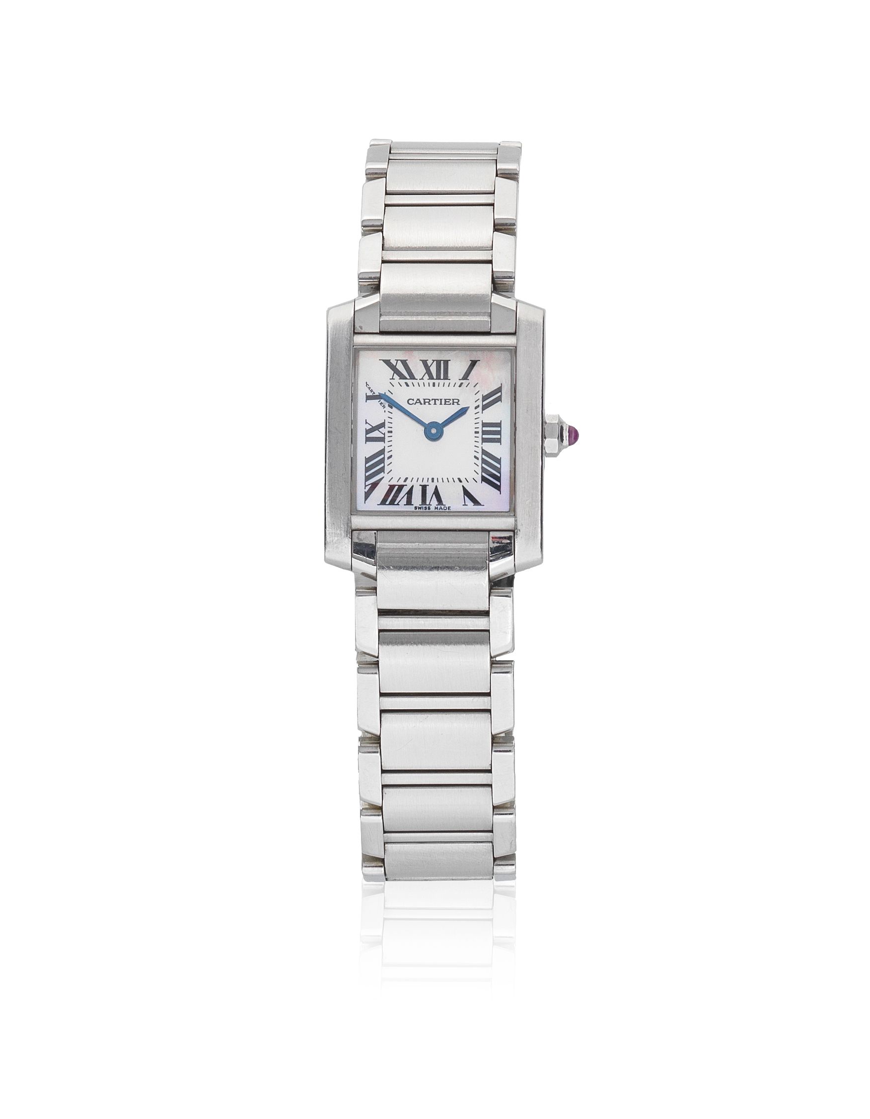Cartier. A lady's stainless steel quartz rectangular bracelet watch with mother of pearl dial Tank Française, Ref: 2384, Purchased 11th September 2005