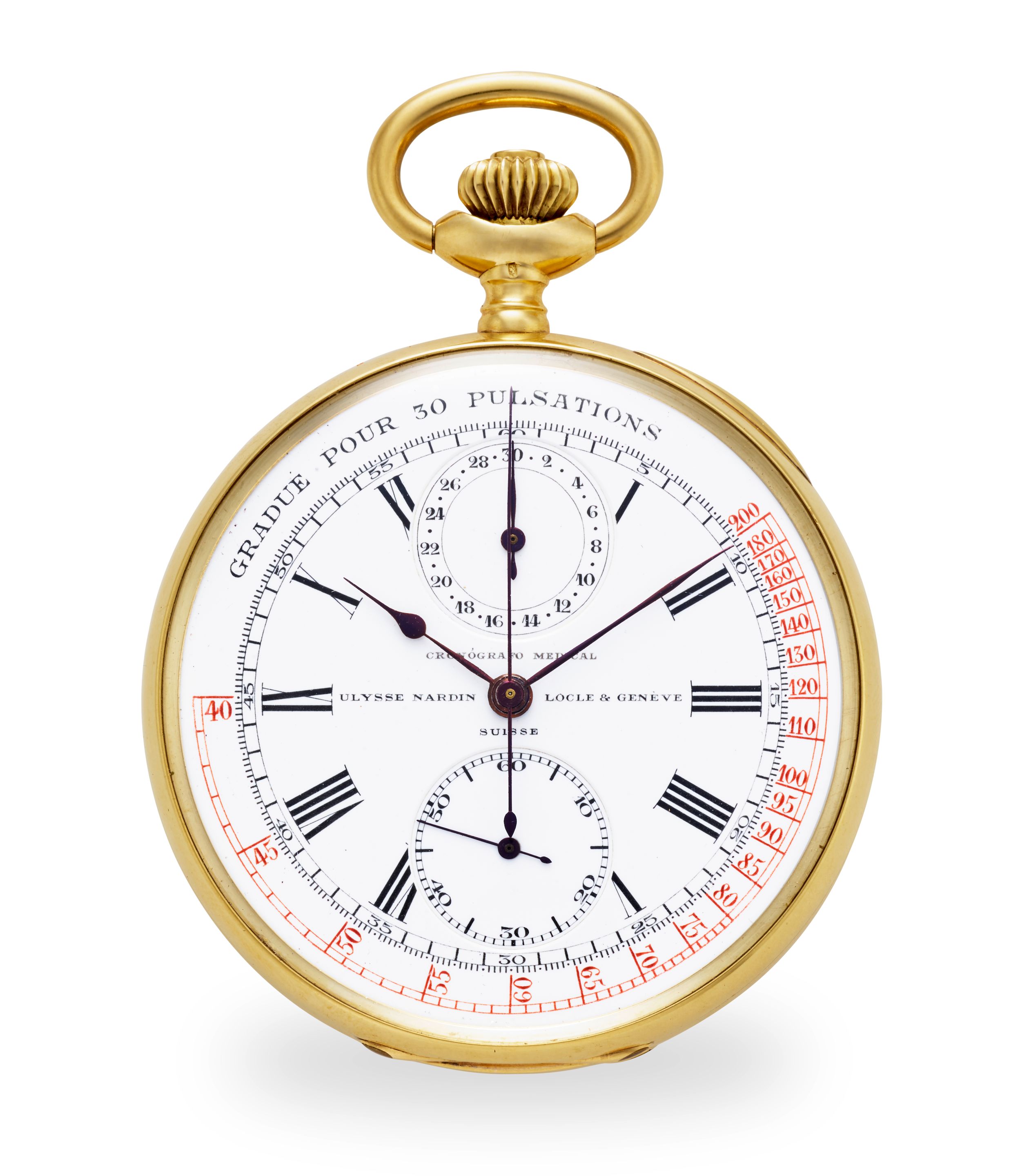 ULYSSE NARDIN. A FINE 18K GOLD OPEN FACE KEYLESS MEDICAL CHRONOGRAPH WITH REGISTERCirca 1900