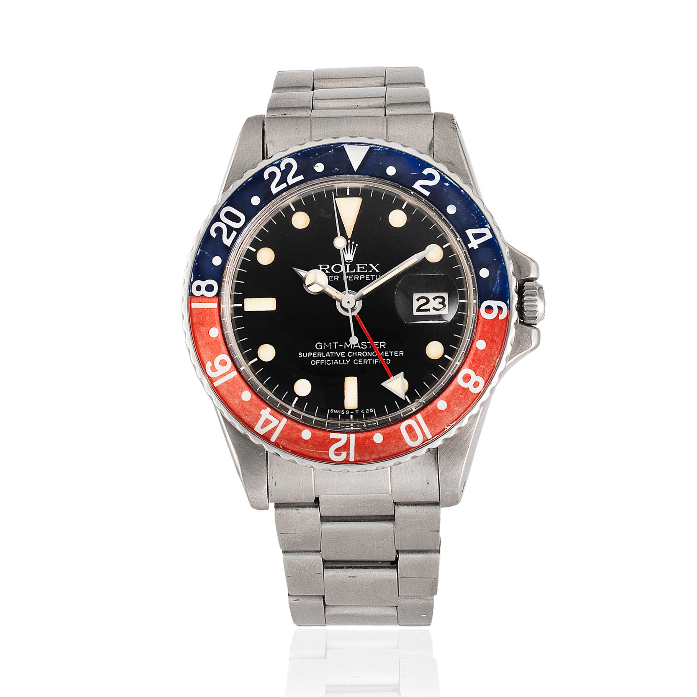 Rolex. A stainless steel automatic calendar bracelet watch with dual time zone GMT Master 'Pepsi', Ref: 1675, Circa 1968