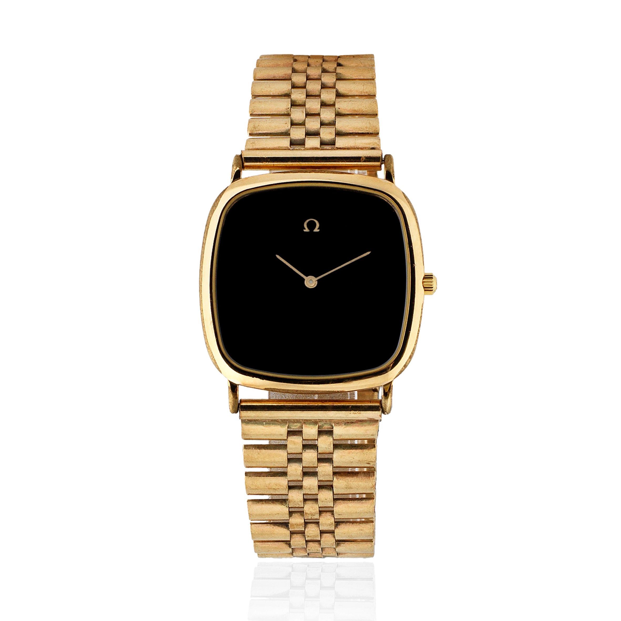 Omega. A gold plated and stainless steel quartz cushion form bracelet watch with 9K gold bracelet DeVille, Ref: 195.0077.2, Circa 1990