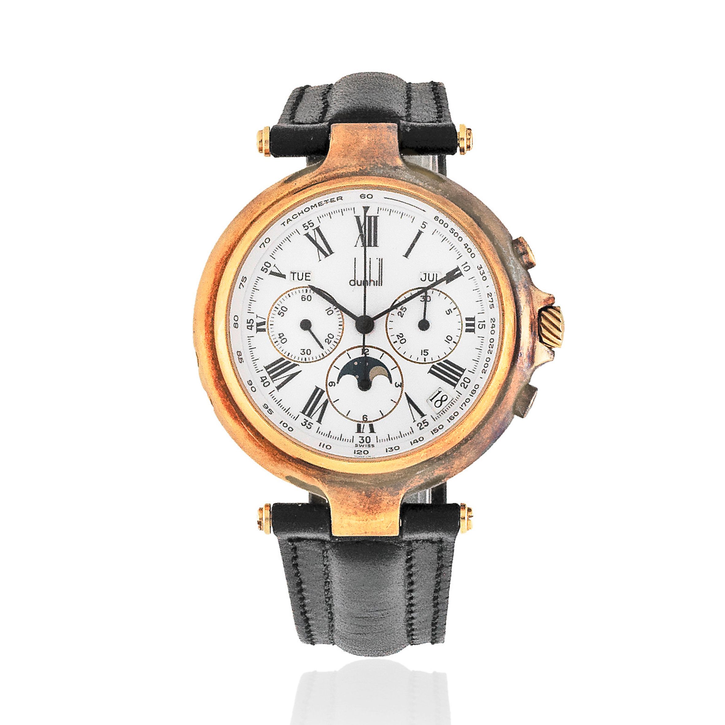 Alfred Dunhill. An 18K gold automatic triple calendar chronograph wristwatch with moon phase Ref: 10081 SQC, Circa 1990