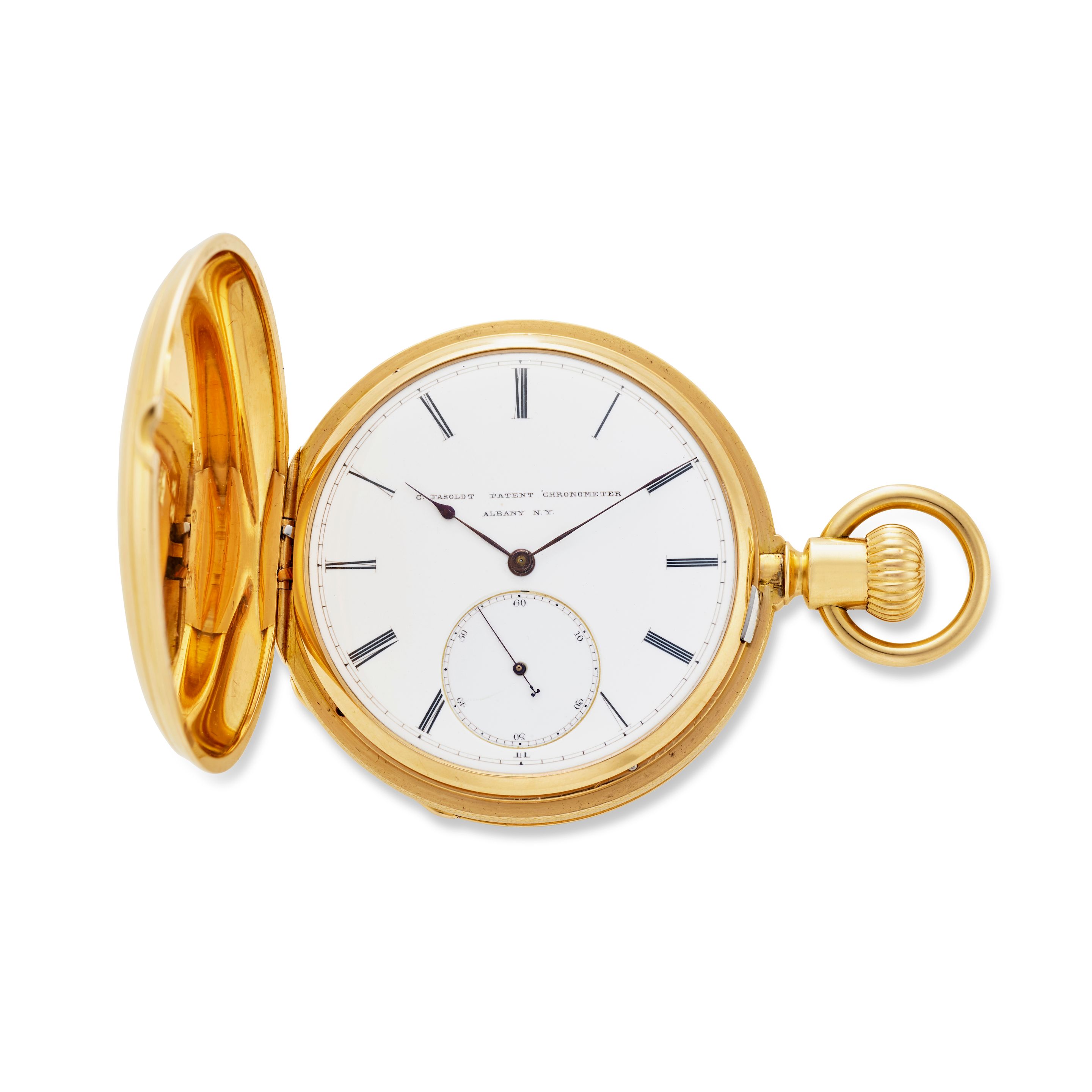 CHARLES FASOLDT, ALBANY, NY. A RARE 18K GOLD HUNTER CASED WATCH WITH CO-AXIAL DOUBLE WHEEL ESCAPEMENT1870's