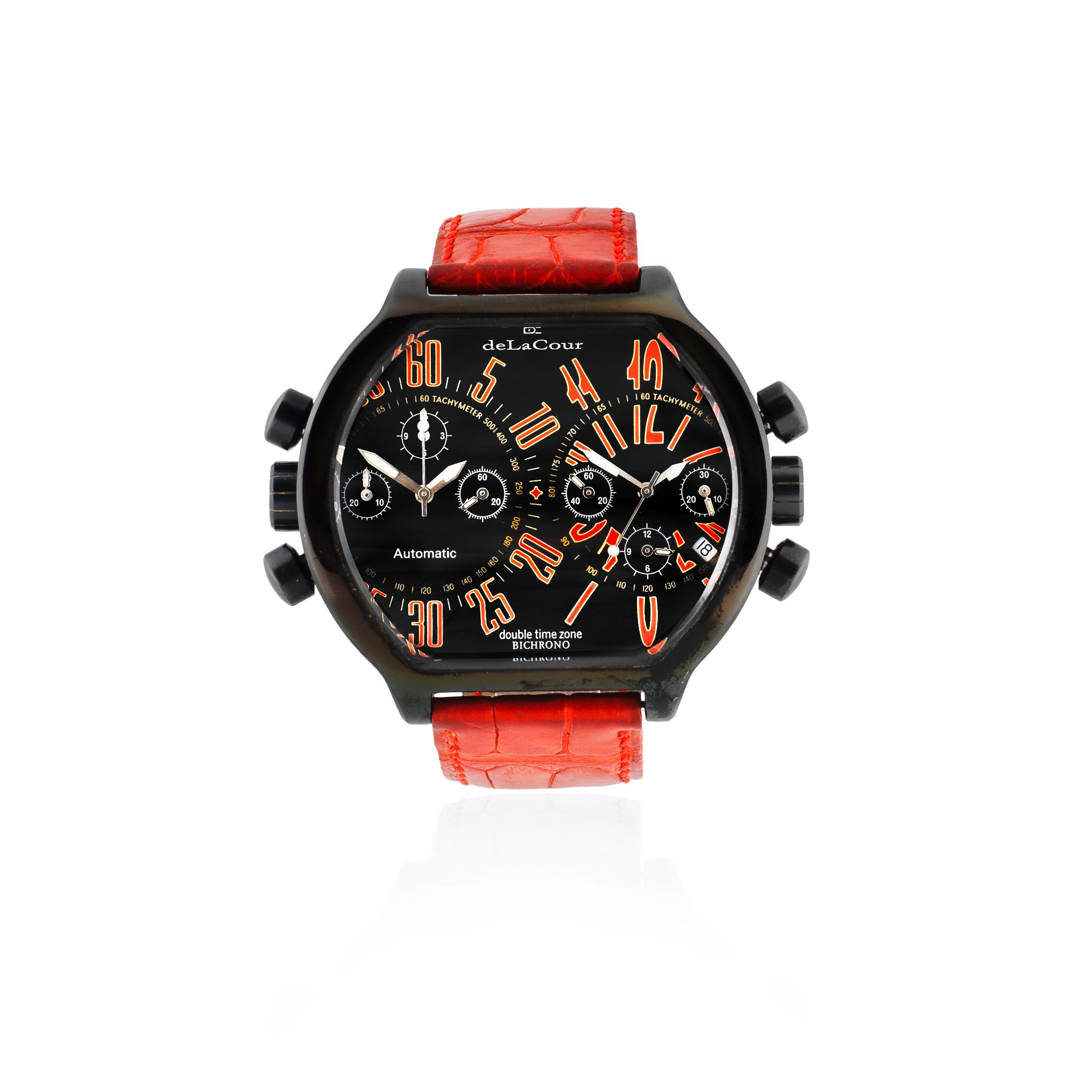 DeLaCour. A Limited Edition black PVD stainless steel automatic dual time and dual chronograph calendar wristwatch Double Time Zone Bichrono, Ref: SN43058, Limited Edition No.414, ...
