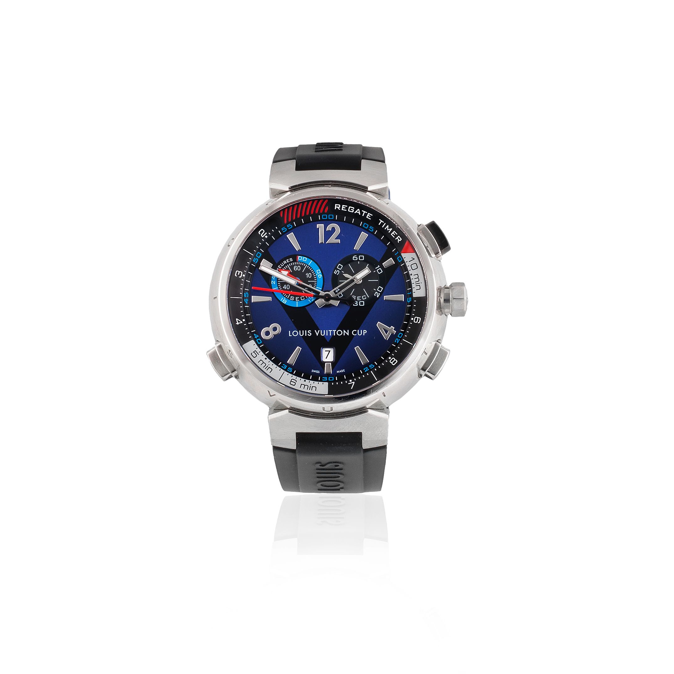 Louis Vuitton. A stainless steel quartz calendar chronograph wristwatch Tambour Cup Régate Navy, Ref: Q102D, Purchased 20th December 2013