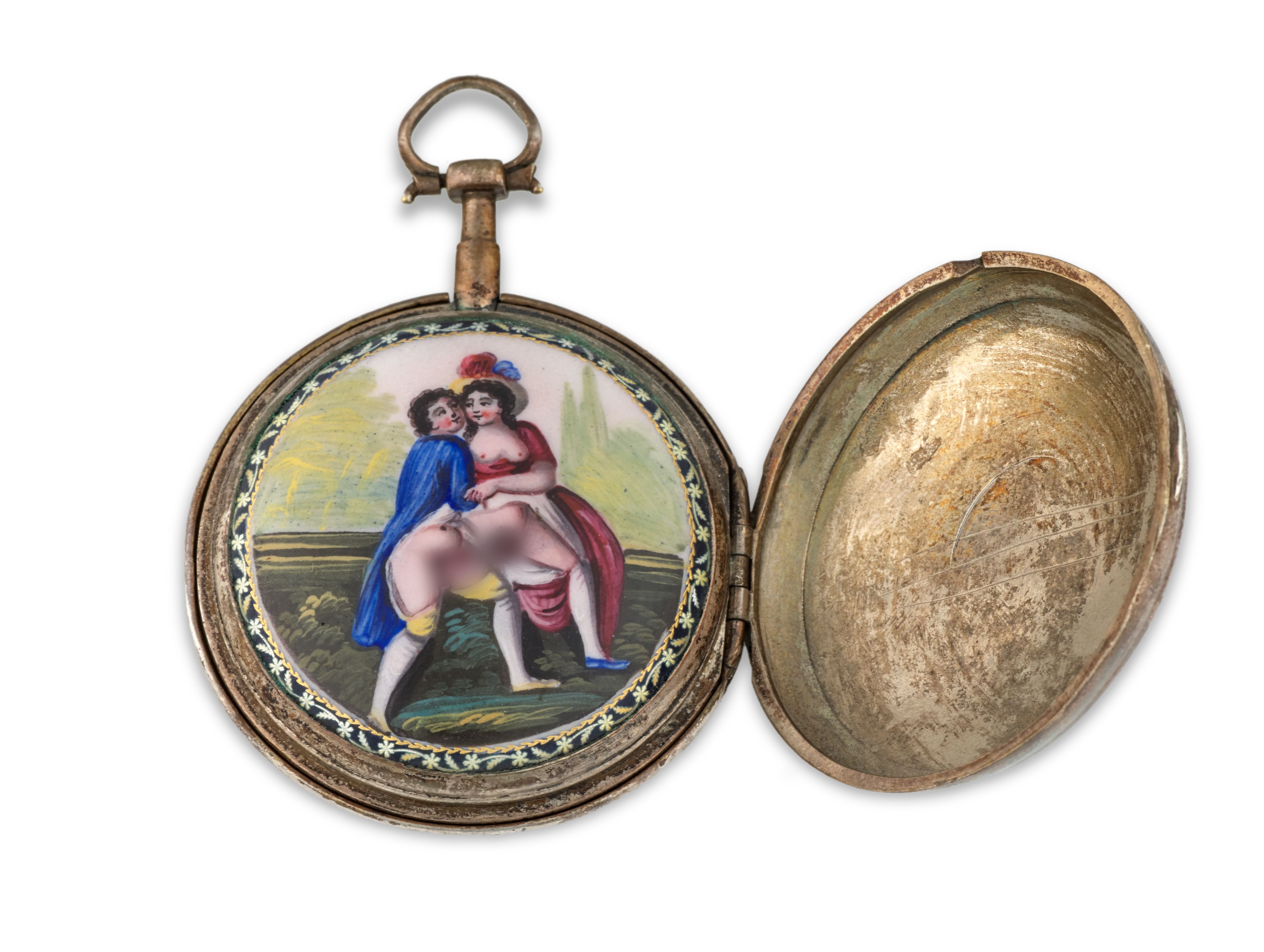 MICHAEL BINDER, WIEN. MONTRE DE GOUSSET A CADRAN OUVERT EN ARGENT AVEC DECOR EMAILLE EROTIQUE REMONTOIR A CLEF MICHAEL BINDER, WIEN. A SILVER KEY WIND ...