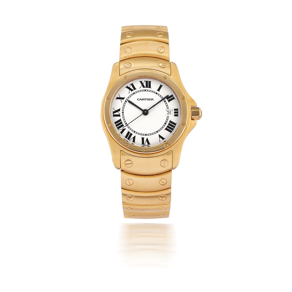 CARTIER. MONTRE BRACELET EN OR JAUNE 18K (750) DE TAILLE MEDIUM AVEC DATE MOUVEMENT QUARTZ CARTIER. A MID-SIZE 18K GOLD QUARTZ CALENDAR BRACELET WATCH Cougar, ...