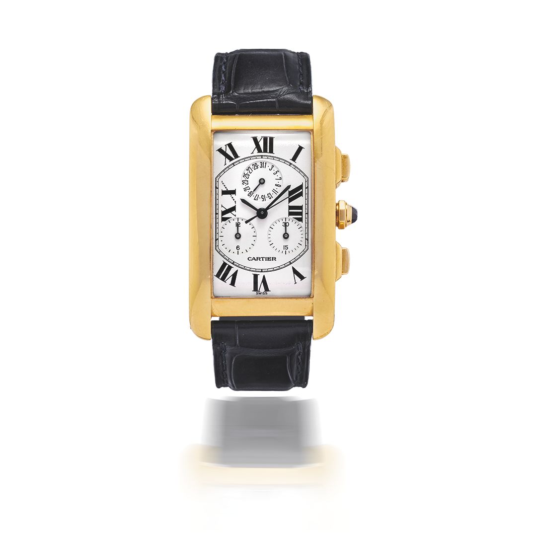 CARTIER. CHRONOGRAPHE BRACELET EN OR JAUNE 18K (750) DE FORME RECTANGULAIRE AVEC DATE MOUVEMENT QUARTZ CARTIER. AN 18K GOLD CALENDAR CHRONOGRAPH RECTANGULAR QUARTZ WRISTWATCH Tank ...