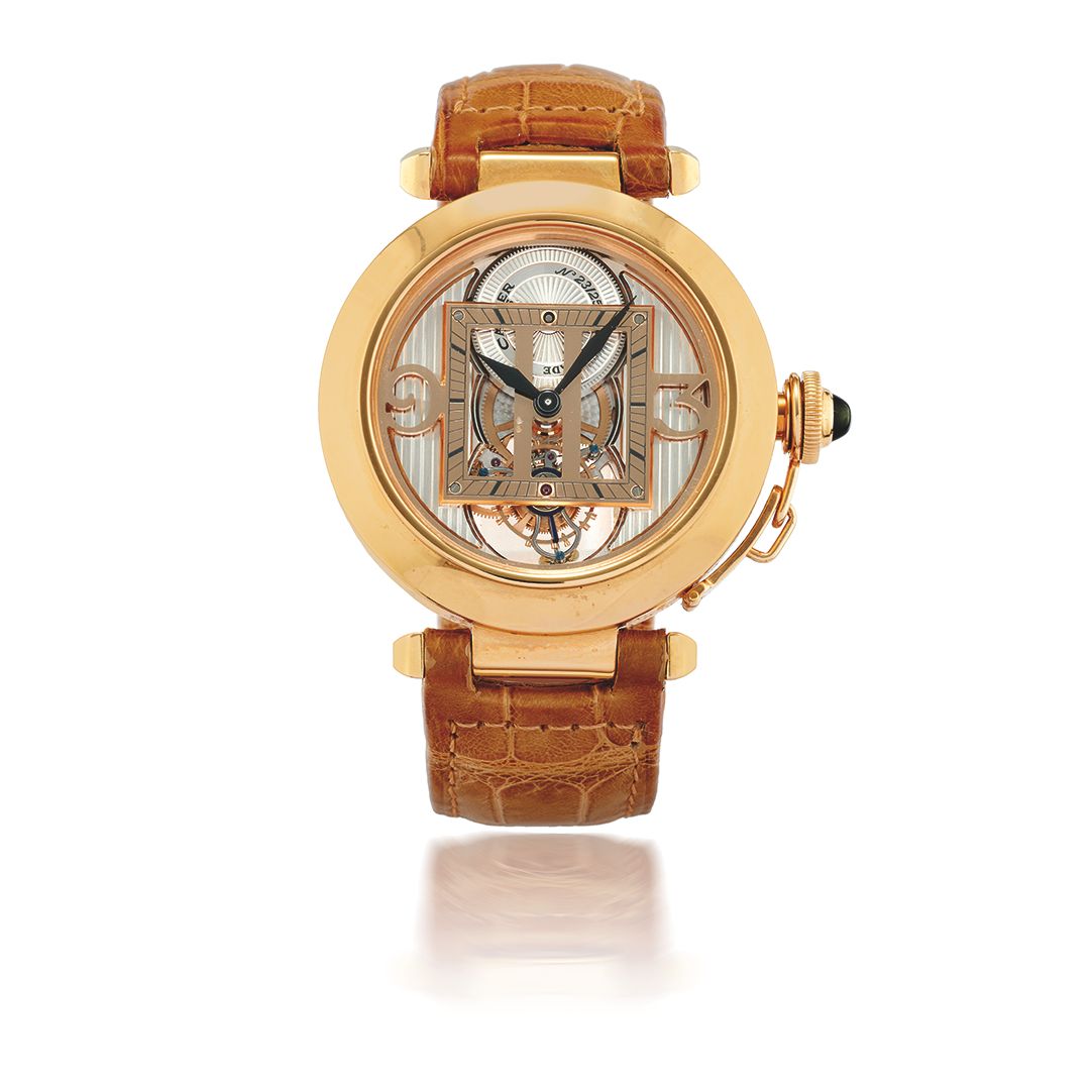 CARTIER. BELLE MONTRE BRACELET EN OR ROSE 18K (750) CADRAN SEMI SQUELETTE MOUVEMENT AUTOMATIQUE TOURBILLON CARTIER. A FINE LIMITED EDITION 18K ROSE GOLD AUTOMATIC SEMI-SKELETONISED ...